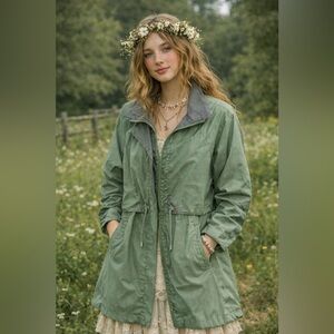 Boho Cottagecore Sage Green Windbreaker Rain Coat Midi Jacket Vintage size 11/12